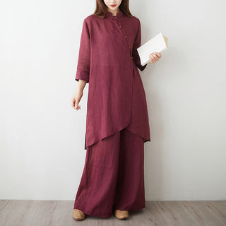 Buddha Gift 2Pcs Three Quarter Sleeve Shirt Top Pants Meditation Zen Tai Chi Cotton Linen Clothing Women's Set