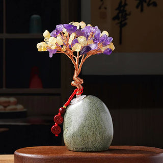 Buddha Gift Citrine Amethyst Green Aventurine Crystal Tree Ceramic Base Prosperity Home Decoration