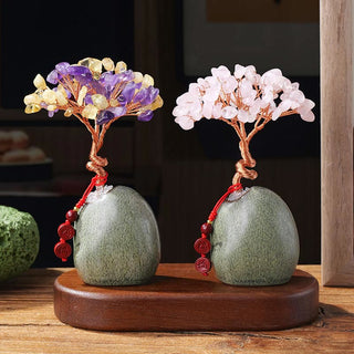 Buddha Gift Citrine Amethyst Green Aventurine Crystal Tree Ceramic Base Prosperity Home Decoration