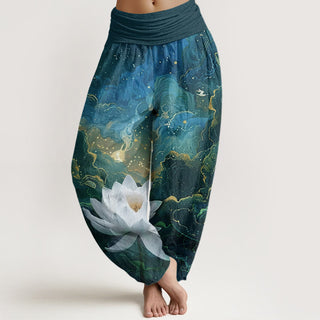 Buddha Gift Casual Lotus Starry Sky Clouds Pattern Women's Elastic Waist Harem Pants