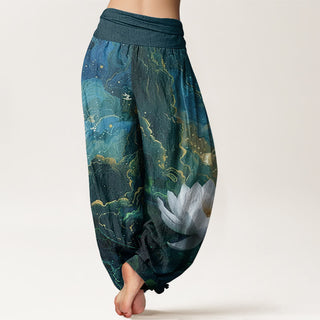 Buddha Gift Casual Lotus Starry Sky Clouds Pattern Women's Elastic Waist Harem Pants