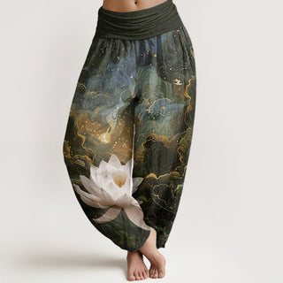 Buddha Gift Casual Lotus Starry Sky Clouds Pattern Women's Elastic Waist Harem Pants