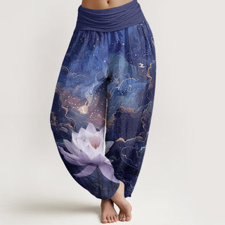 Buddha Gift Casual Lotus Starry Sky Clouds Pattern Women's Elastic Waist Harem Pants