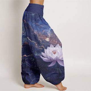Buddha Gift Casual Lotus Starry Sky Clouds Pattern Women's Elastic Waist Harem Pants