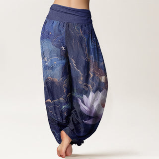 Buddha Gift Casual Lotus Starry Sky Clouds Pattern Women's Elastic Waist Harem Pants