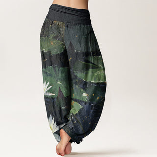 Buddha Gift Casual Lotus Leaves On The Lake Pattern Women's Elastic Waist Harem Pants