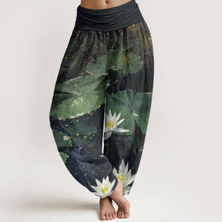 Buddha Gift Casual Lotus Leaves On The Lake Pattern Women's Elastic Waist Harem Pants