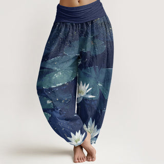 Buddha Gift Casual Lotus Leaves On The Lake Pattern Women's Elastic Waist Harem Pants