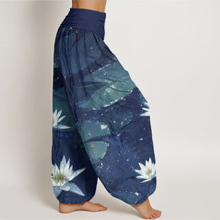 Buddha Gift Casual Lotus Leaves On The Lake Pattern Women's Elastic Waist Harem Pants