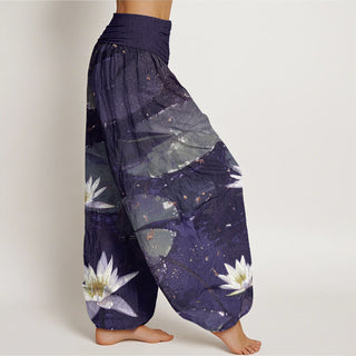 Buddha Gift Casual Lotus Leaves On The Lake Pattern Women's Elastic Waist Harem Pants