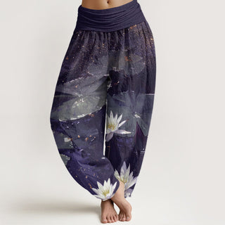 Buddha Gift Casual Lotus Leaves On The Lake Pattern Women's Elastic Waist Harem Pants