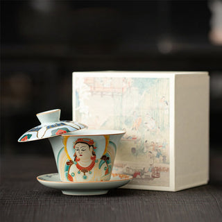 Buddha Gift Thangka Dragon Buddhas Dunhuang Ceramic Gaiwan Sancai Kung Fu Tea Cup And Saucer With Lid Gift Box 180ml