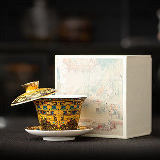 Buddha Gift Thangka Dragon Buddhas Dunhuang Ceramic Gaiwan Sancai Kung Fu Tea Cup And Saucer With Lid Gift Box 180ml