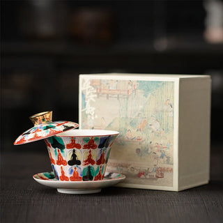 Buddha Gift Thangka Dragon Buddhas Dunhuang Ceramic Gaiwan Sancai Kung Fu Tea Cup And Saucer With Lid Gift Box 180ml
