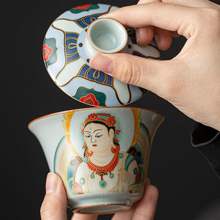 Buddha Gift Thangka Dragon Buddhas Dunhuang Ceramic Gaiwan Sancai Kung Fu Tea Cup And Saucer With Lid Gift Box 180ml