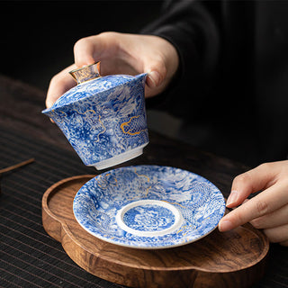Buddha Gift Thangka Dragon Buddhas Dunhuang Ceramic Gaiwan Sancai Kung Fu Tea Cup And Saucer With Lid Gift Box 180ml
