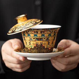 Buddha Gift Thangka Dragon Buddhas Dunhuang Ceramic Gaiwan Sancai Kung Fu Tea Cup And Saucer With Lid Gift Box 180ml