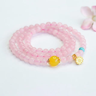Buddha Gift Pink Crystal Multi-Circle Yellow Chalcedony Lotus Warmth Bracelet