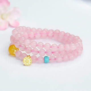 Buddha Gift Pink Crystal Multi-Circle Yellow Chalcedony Lotus Warmth Bracelet
