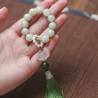 Buddha Gift Green Jade Beads Pearl Prosperity Tassels Wrist Mala