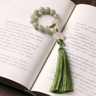 Buddha Gift Green Jade Beads Pearl Prosperity Tassels Wrist Mala
