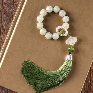 Buddha Gift Green Jade Beads Pearl Prosperity Tassels Wrist Mala