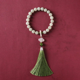 Buddha Gift Green Jade Beads Pearl Prosperity Tassels Wrist Mala