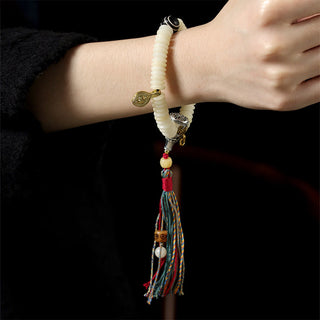 Buddha Gift Natural White Bodhi Seed Stone Wisdom Tassel Wrist Mala Bracelet