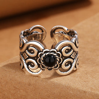 Buddha Gift Black Onyx Copper Mongolian Pattern Adjustable Fortune Ring