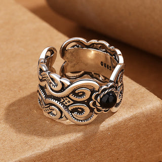 Buddha Gift Black Onyx Copper Mongolian Pattern Adjustable Fortune Ring