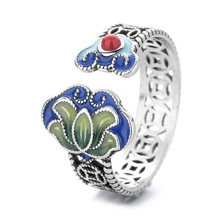 Buddha Gift Lotus Flower Copper Coins Ruyi Handle Pattern Enlightenment Adjustable Ring