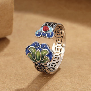 Buddha Gift Lotus Flower Copper Coins Ruyi Handle Pattern Enlightenment Adjustable Ring