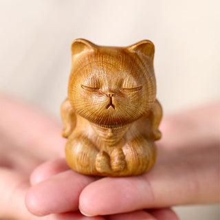 Buddha Gift Small Mini Green Sandalwood Lucky Cat Carved Soothing Decorations