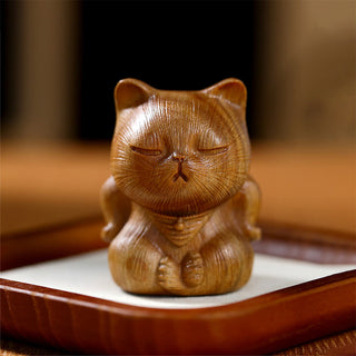 Buddha Gift Small Mini Green Sandalwood Lucky Cat Carved Soothing Decorations