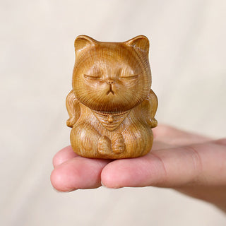 Buddha Gift Small Mini Green Sandalwood Lucky Cat Carved Soothing Decorations