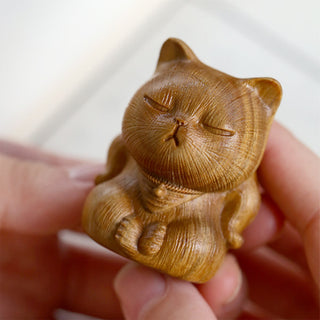 Buddha Gift Small Mini Green Sandalwood Lucky Cat Carved Soothing Decorations