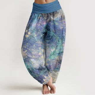 Buddha Gift Pure Cotton Koi Fish Lotus Moon Stars Pattern Women's Elastic Waist Harem Pants