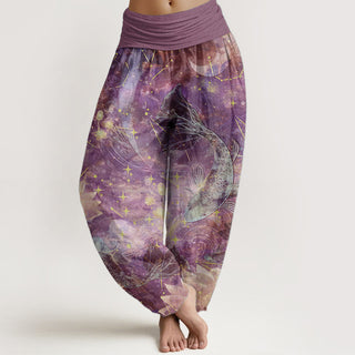 Buddha Gift Pure Cotton Koi Fish Lotus Moon Stars Pattern Women's Elastic Waist Harem Pants