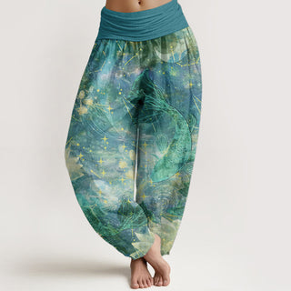 Buddha Gift Pure Cotton Koi Fish Lotus Moon Stars Pattern Women's Elastic Waist Harem Pants