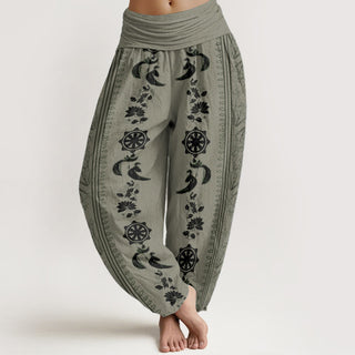 Buddha Gift Pure Cotton Dharma Wheel Lotus OM Pattern Women's Elastic Waist Harem Pants