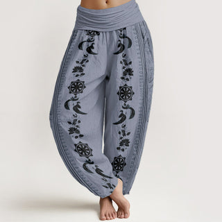 Buddha Gift Pure Cotton Dharma Wheel Lotus OM Pattern Women's Elastic Waist Harem Pants