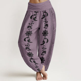Buddha Gift Pure Cotton Dharma Wheel Lotus OM Pattern Women's Elastic Waist Harem Pants
