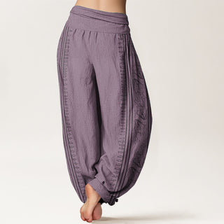 Buddha Gift Pure Cotton Dharma Wheel Lotus OM Pattern Women's Elastic Waist Harem Pants