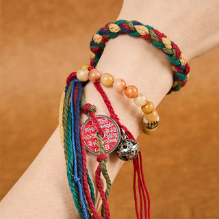 Buddha Gift Tibetan Mountain Ghosts Spend Money Colorful Chalcedony Double-Layer Colored Rope Tassel Positive Bracelet