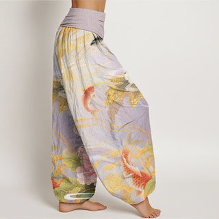 Buddha Gift Casual Peony Koi Fish Golden-Edged Leaves Pattern Women's Elastic Waist Harem Pants