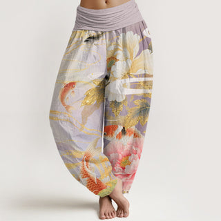 Buddha Gift Casual Peony Koi Fish Golden-Edged Leaves Pattern Women's Elastic Waist Harem Pants