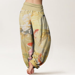 Buddha Gift Casual Peony Koi Fish Golden-Edged Leaves Pattern Women's Elastic Waist Harem Pants