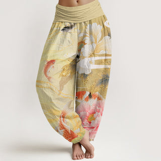 Buddha Gift Casual Peony Koi Fish Golden-Edged Leaves Pattern Women's Elastic Waist Harem Pants