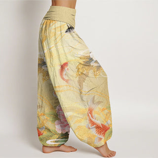 Buddha Gift Casual Peony Koi Fish Golden-Edged Leaves Pattern Women's Elastic Waist Harem Pants