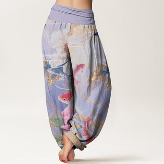 Buddha Gift Casual Peony Koi Fish Golden-Edged Leaves Pattern Women's Elastic Waist Harem Pants